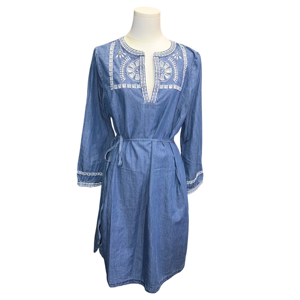 Loft Embroidered Chambray Shift Dress Blue Denim Boho Split Neck MT Tall